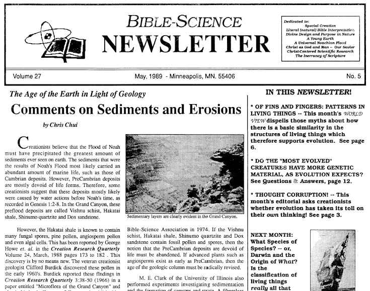 Scan of the front page of the May 1989 Bible-Science Newsletter