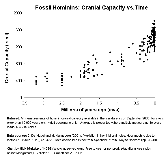 Chart showing hominin cranial capacity over time. Summary: fossil hominid brain size over the last 3 million years. Data from De Miguel and Henneberg, 2001, chart by Nick Matzke of NCSE.  Free for nonprofit educational use.