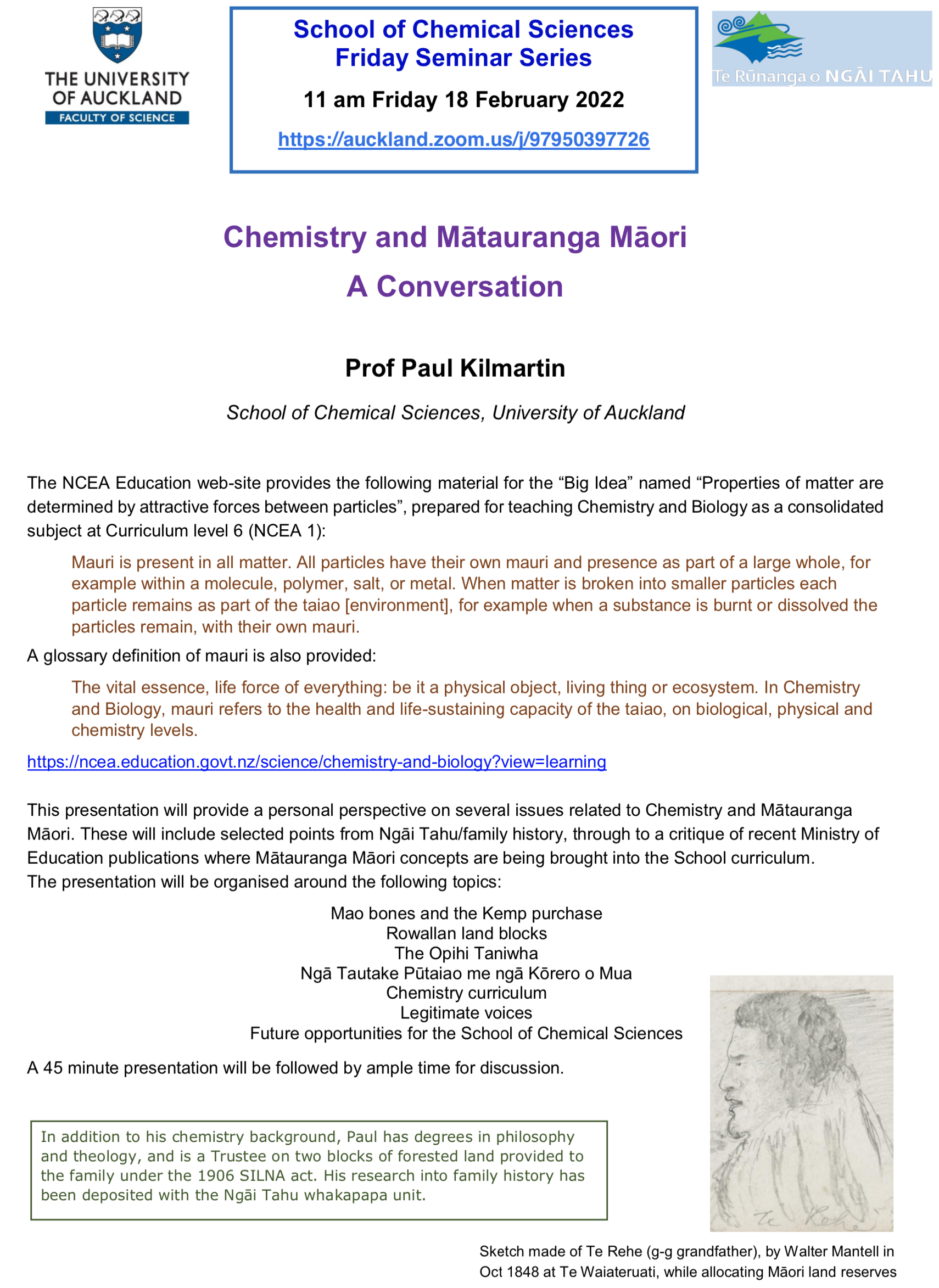 [Paul Kilmartin poster for Feb. 18 chemistry seminar on mātauranga Māori]